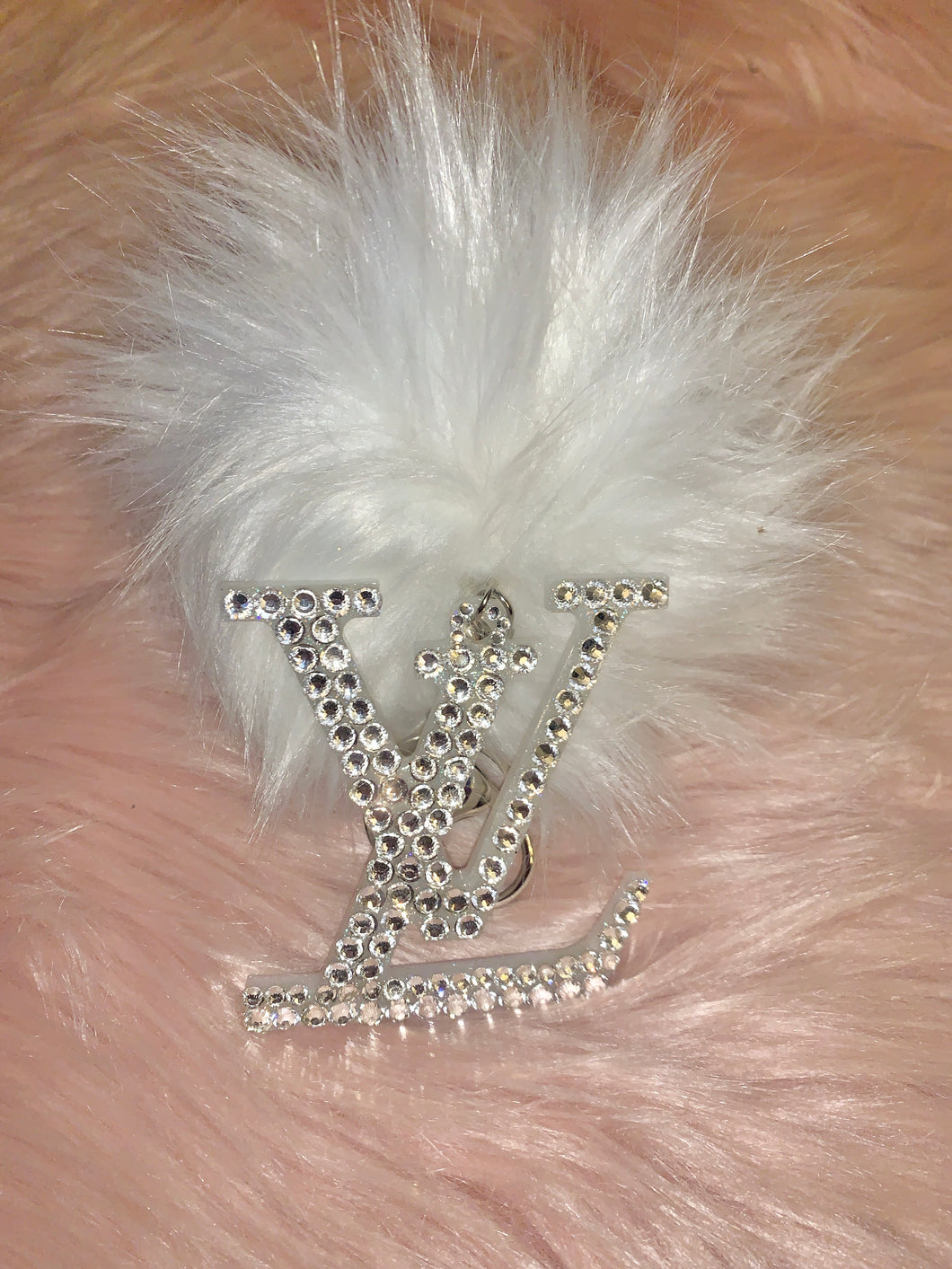 White Pom Pom rhinestone embellished keychain
